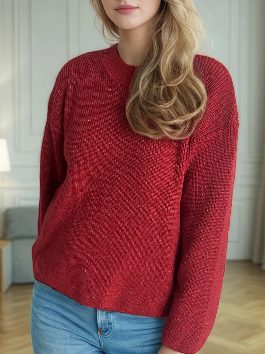 TEEK - Solid Color Round Neck Long Sleeve Sweater