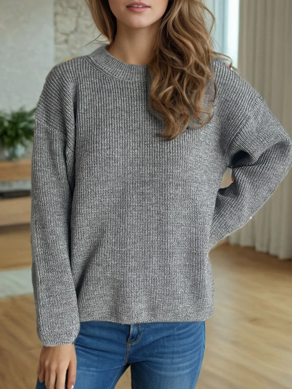 TEEK - Solid Color Round Neck Long Sleeve Sweater