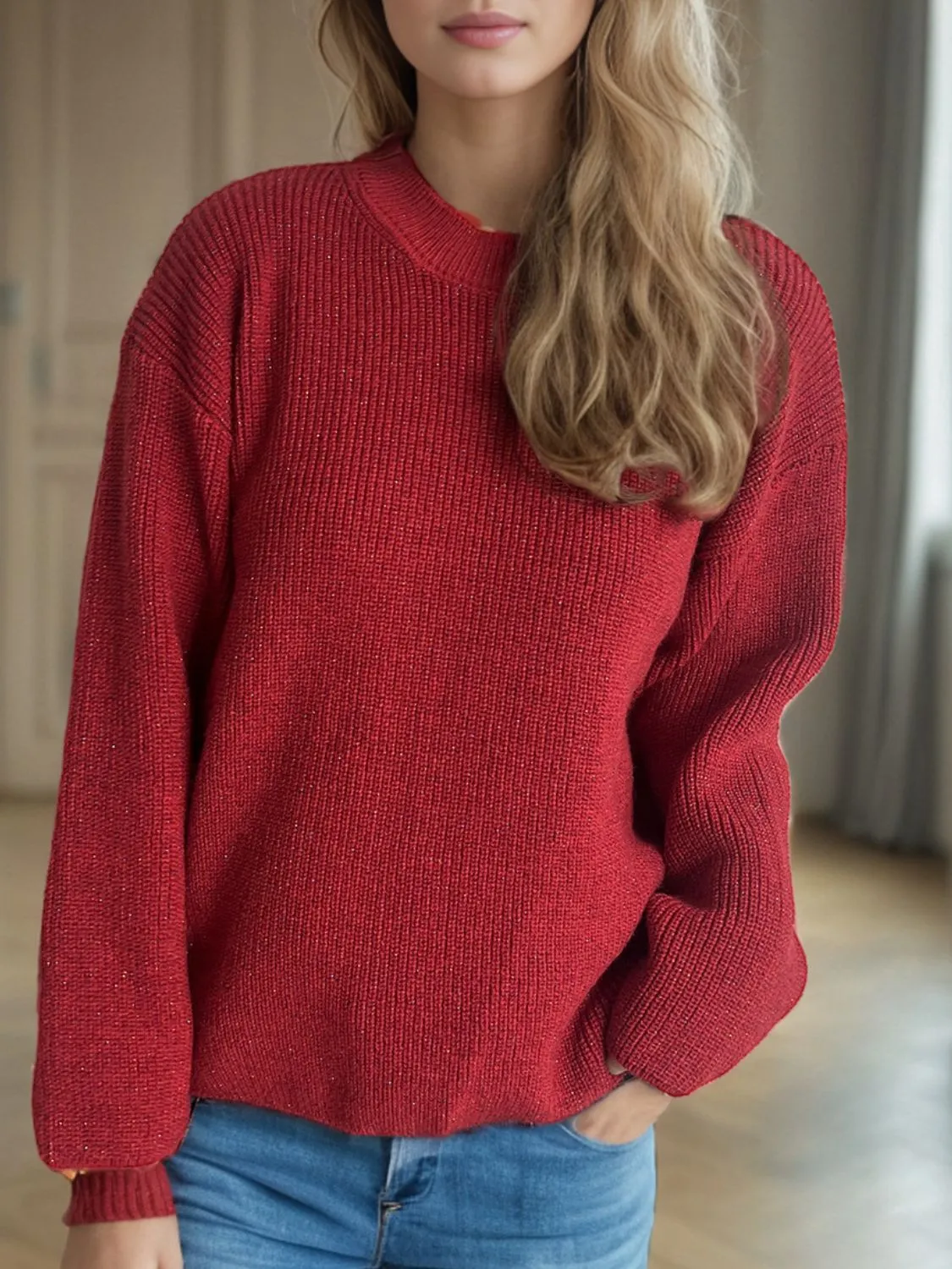 TEEK - Solid Color Round Neck Long Sleeve Sweater