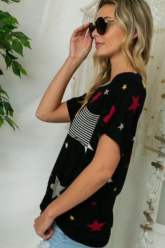 TEEK - STAR PRINT STRIPE JERSEY POCKET TOP