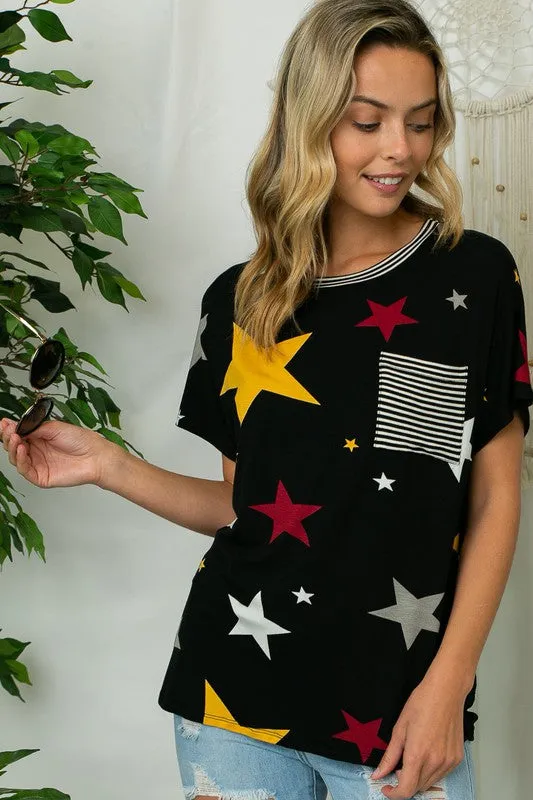 TEEK - STAR PRINT STRIPE JERSEY POCKET TOP