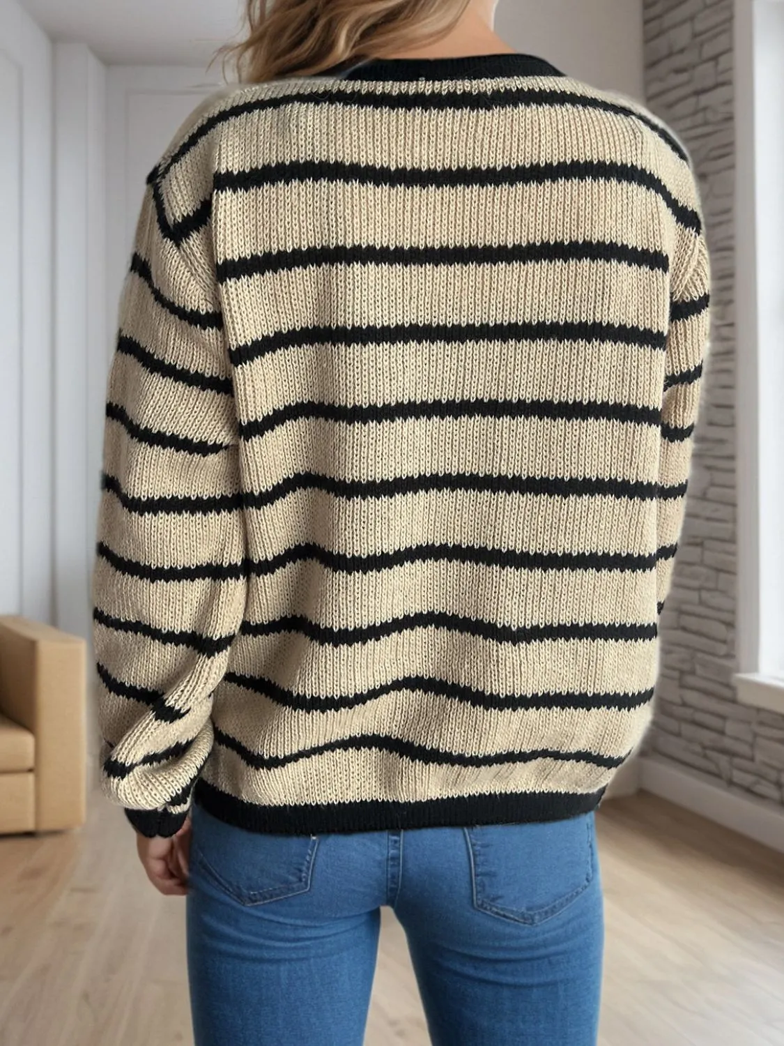 TEEK - Striped Round Neck Long Sleeve Cardigan