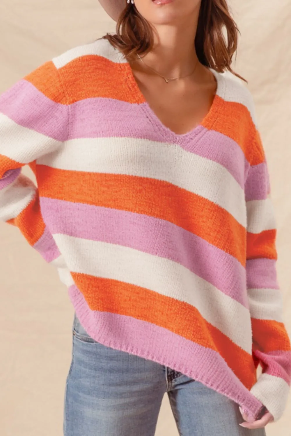 TEEK - TangerineColor Block V-Neck Long Sleeve Sweater