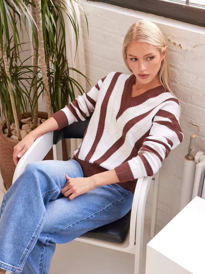 TEEK - V Stripe Pullover Knit Sweater