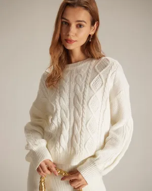 The Beige Round Neck Ribbed Cable Sweater