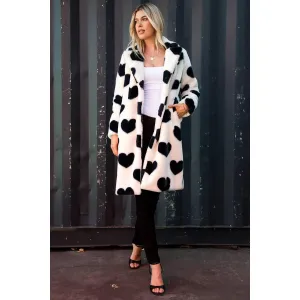 The Cupid Black/White Heart Print  Faux Fur Coat