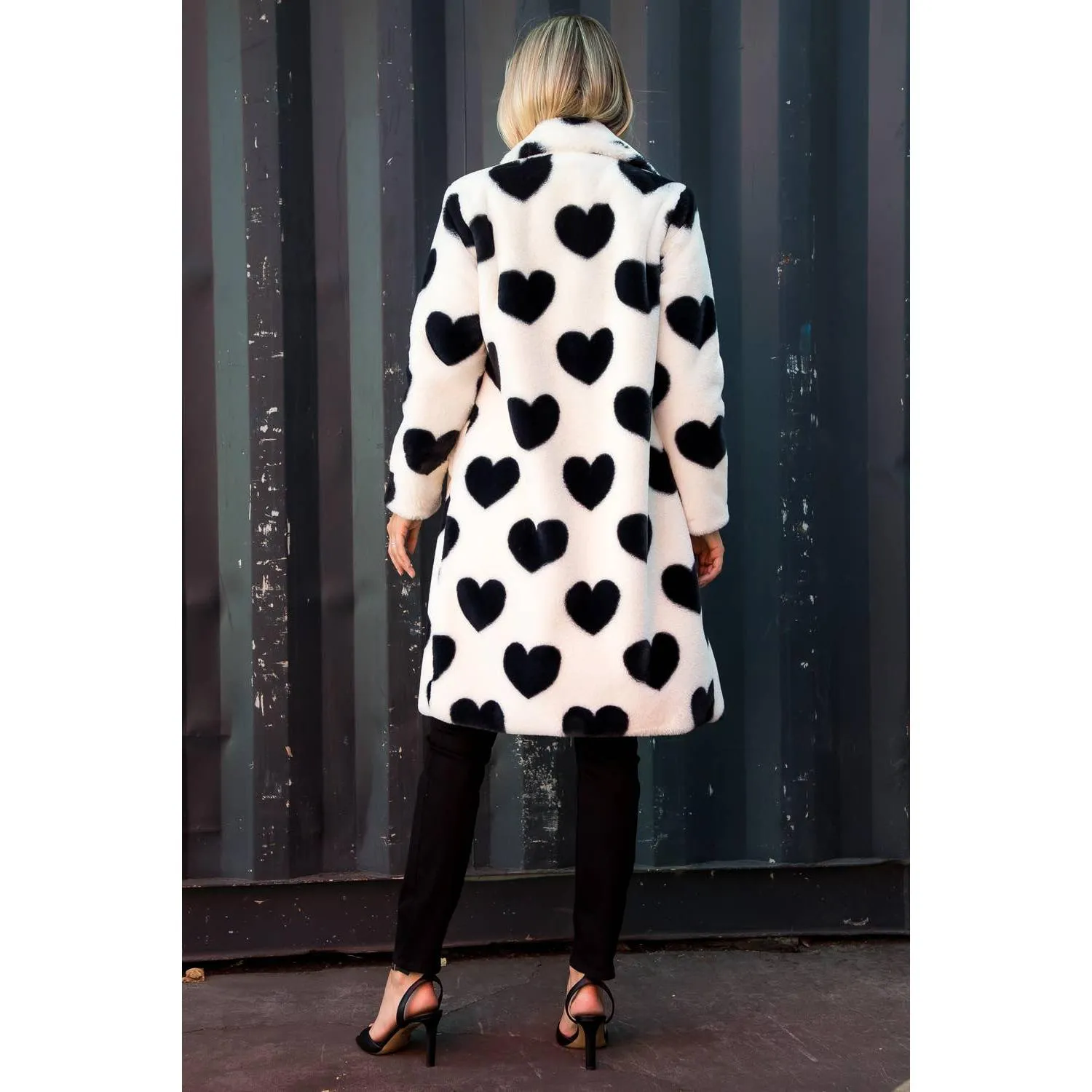 The Cupid Black/White Heart Print  Faux Fur Coat