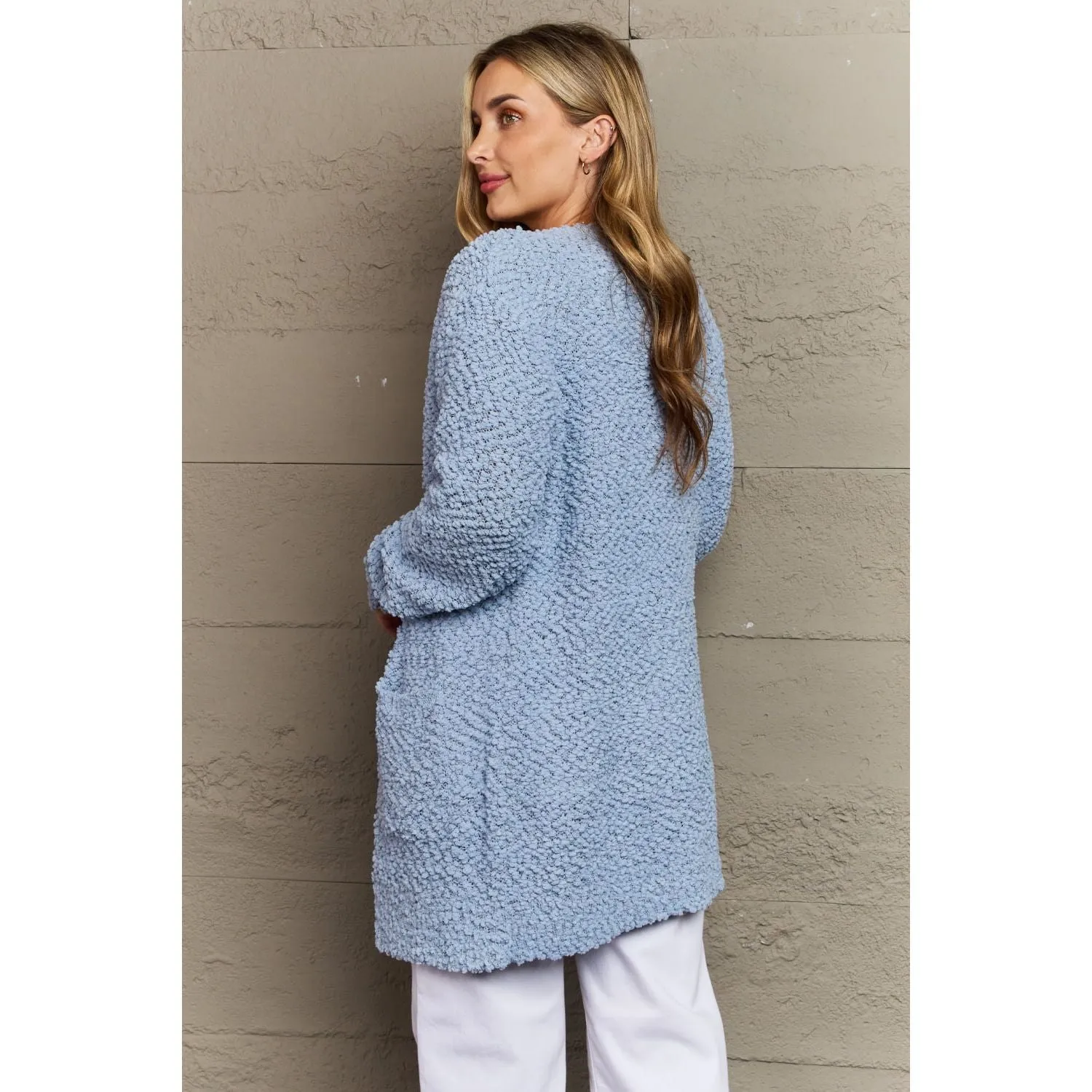 The Falling For You Dusty Blue Open Front Popcorn Cardigan