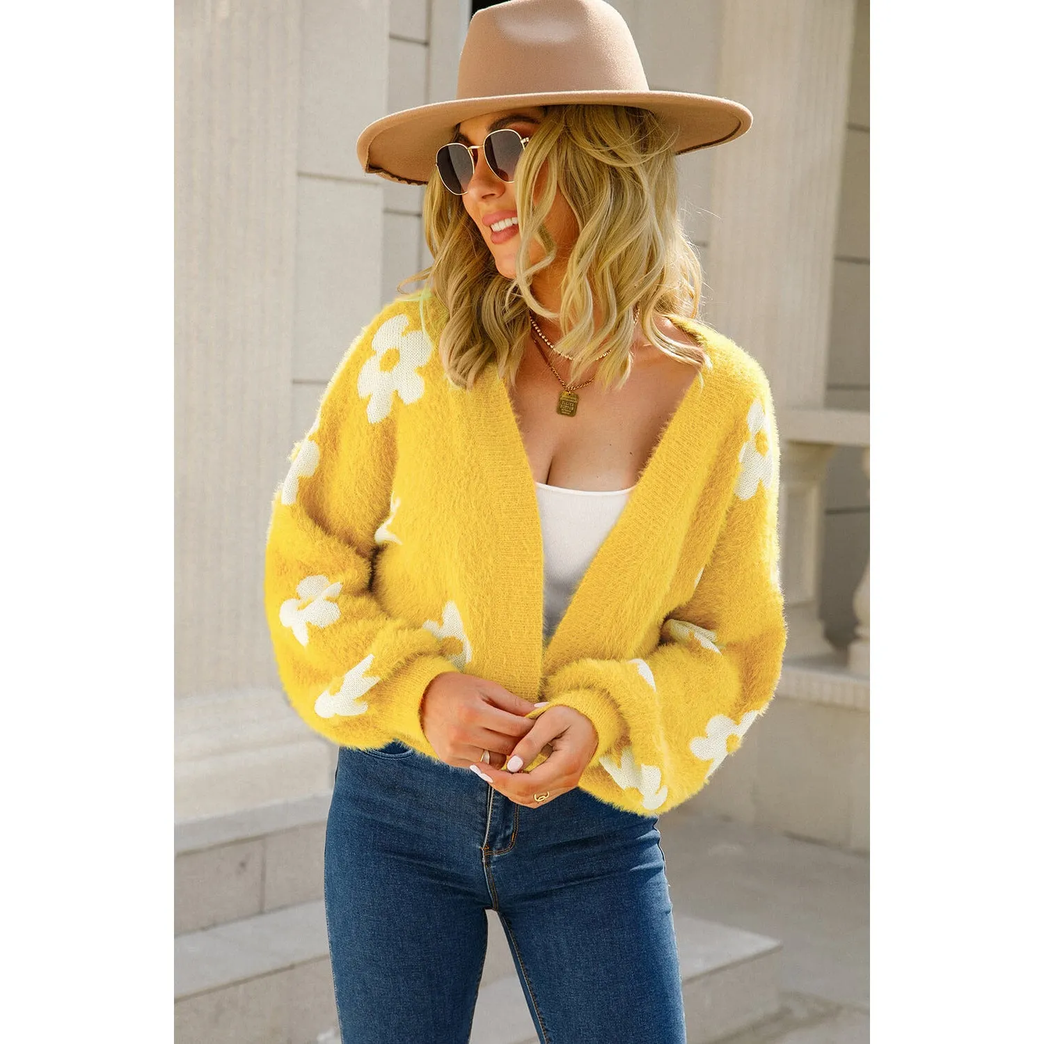 The Floral Open Front Fuzzy Cardigan in Several Colors