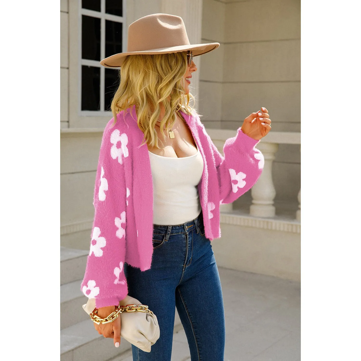 The Floral Open Front Fuzzy Cardigan in Several Colors