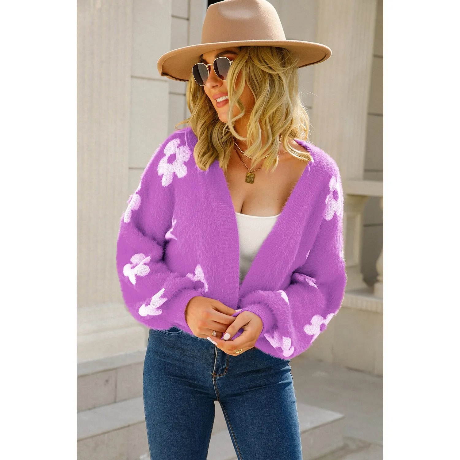 The Floral Open Front Fuzzy Cardigan in Several Colors