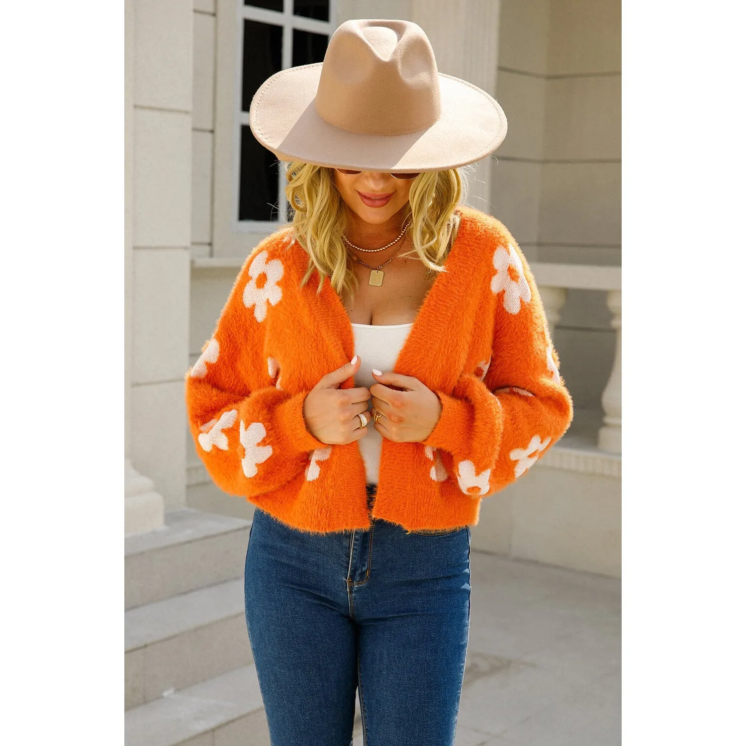 The Floral Open Front Fuzzy Cardigan in Several Colors