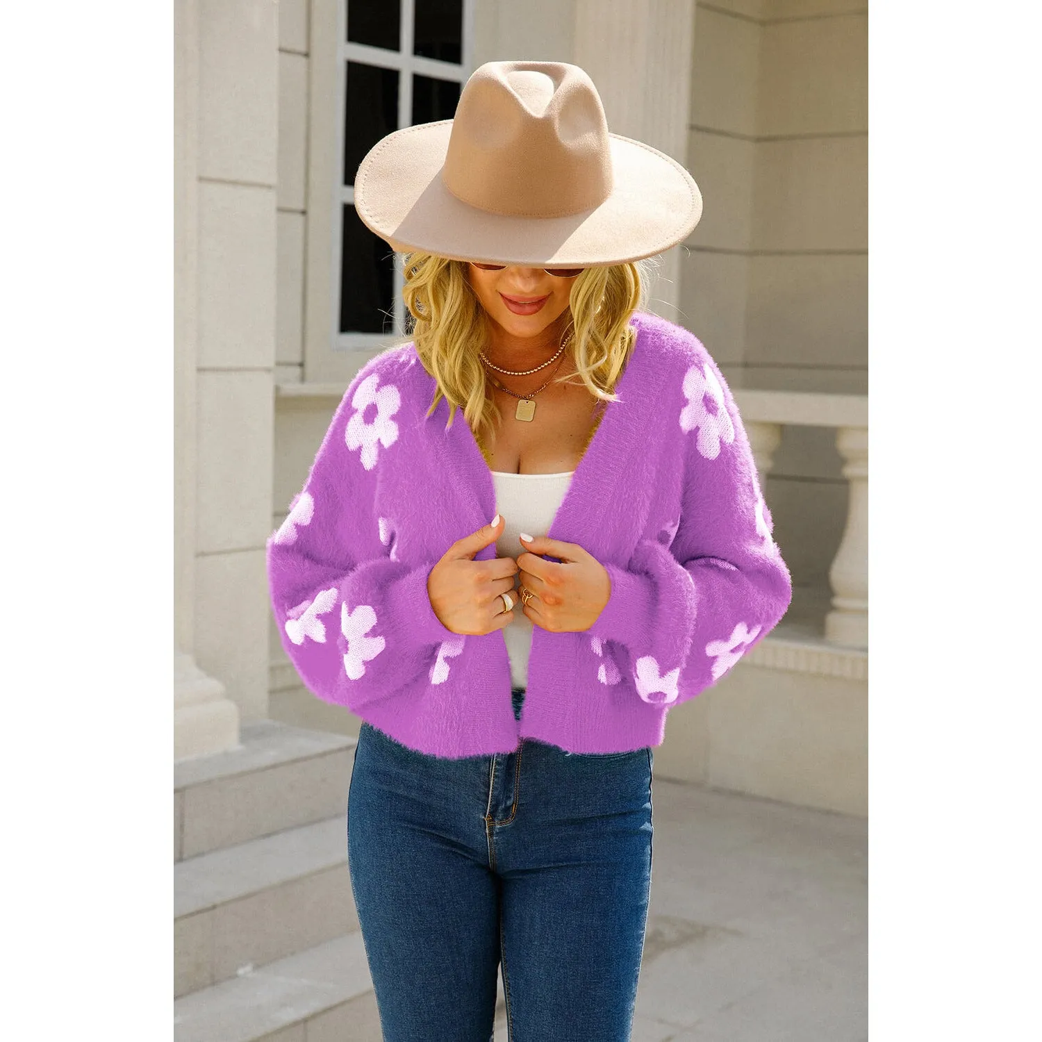 The Floral Open Front Fuzzy Cardigan in Several Colors