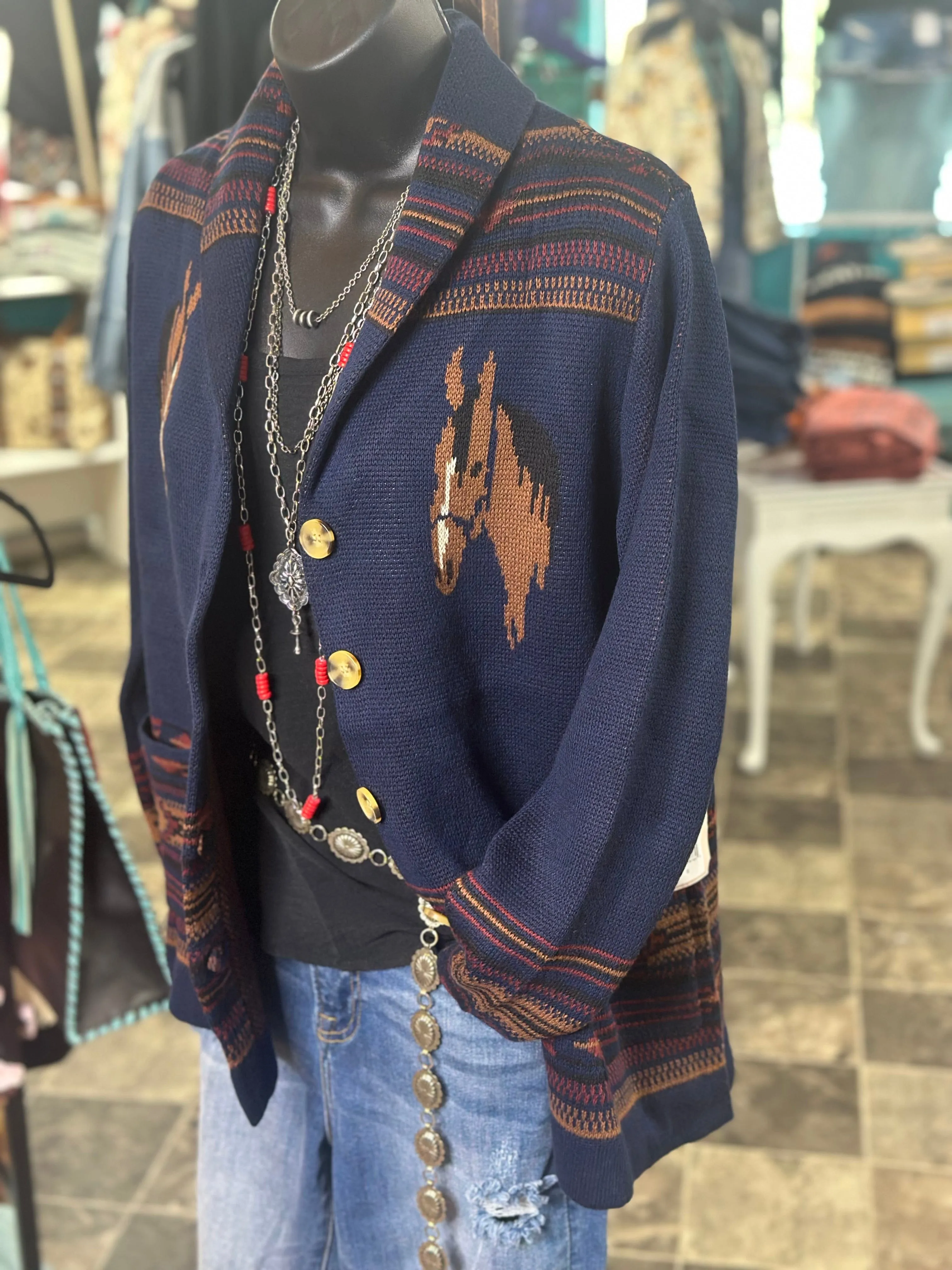 The Navy Bozeman Vintage Horse Cardigan