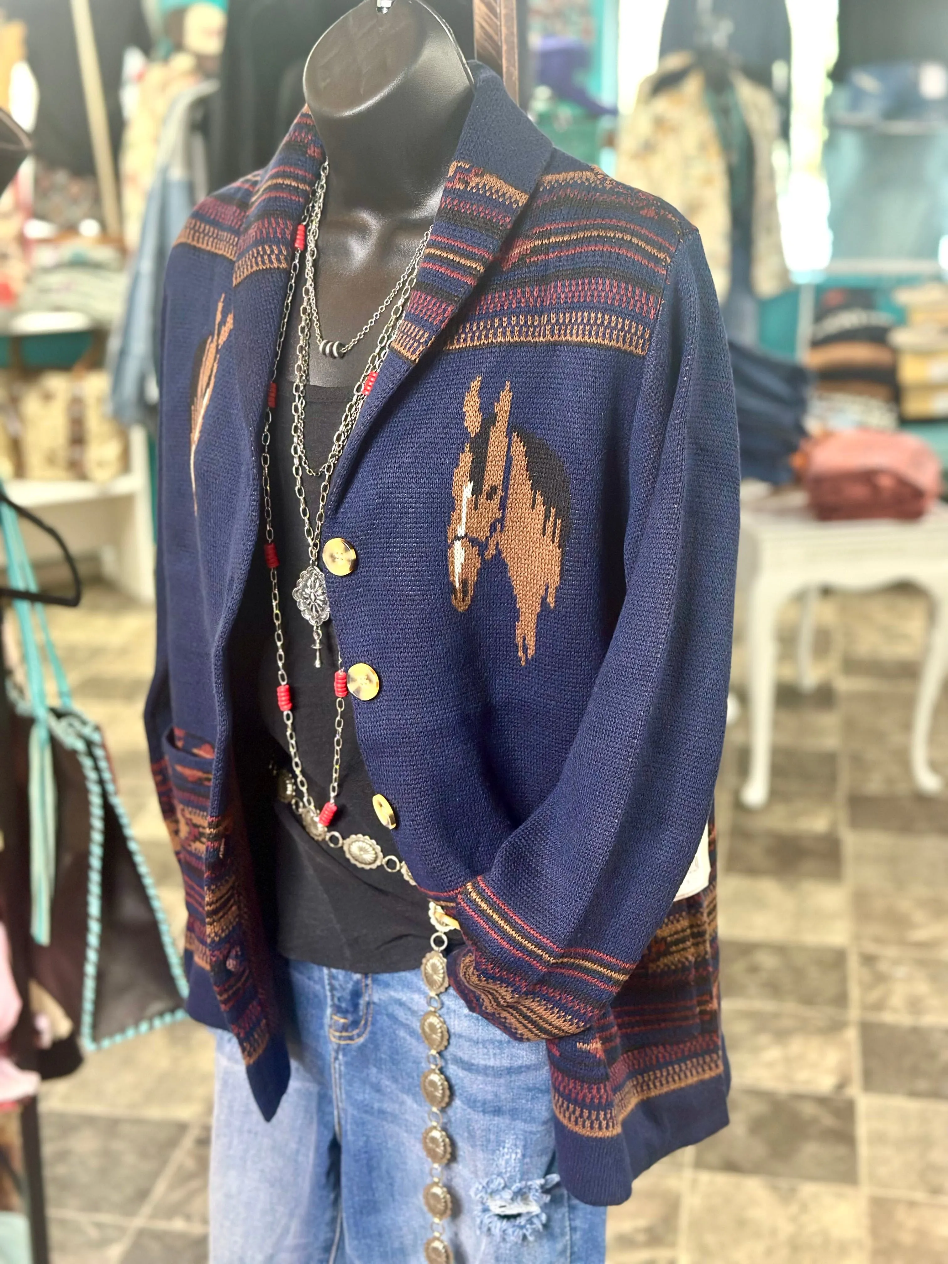 The Navy Bozeman Vintage Horse Cardigan