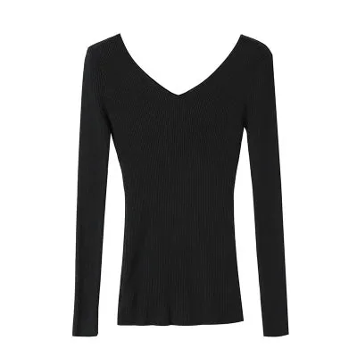 The new spring 2018 v is gotten tight render unlined upper garment sweater black female turtleneck sweater long-sleeved v-neck sexy cultivate one's morality