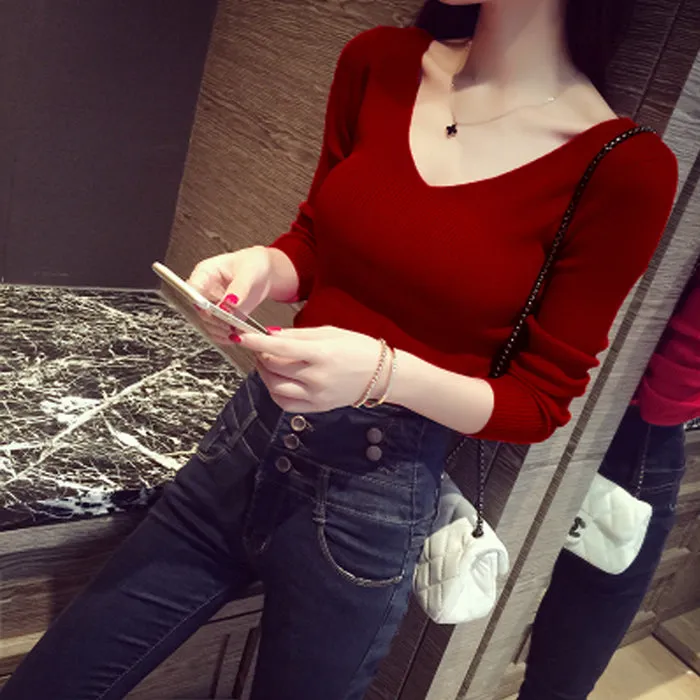 The new spring 2018 v is gotten tight render unlined upper garment sweater black female turtleneck sweater long-sleeved v-neck sexy cultivate one's morality