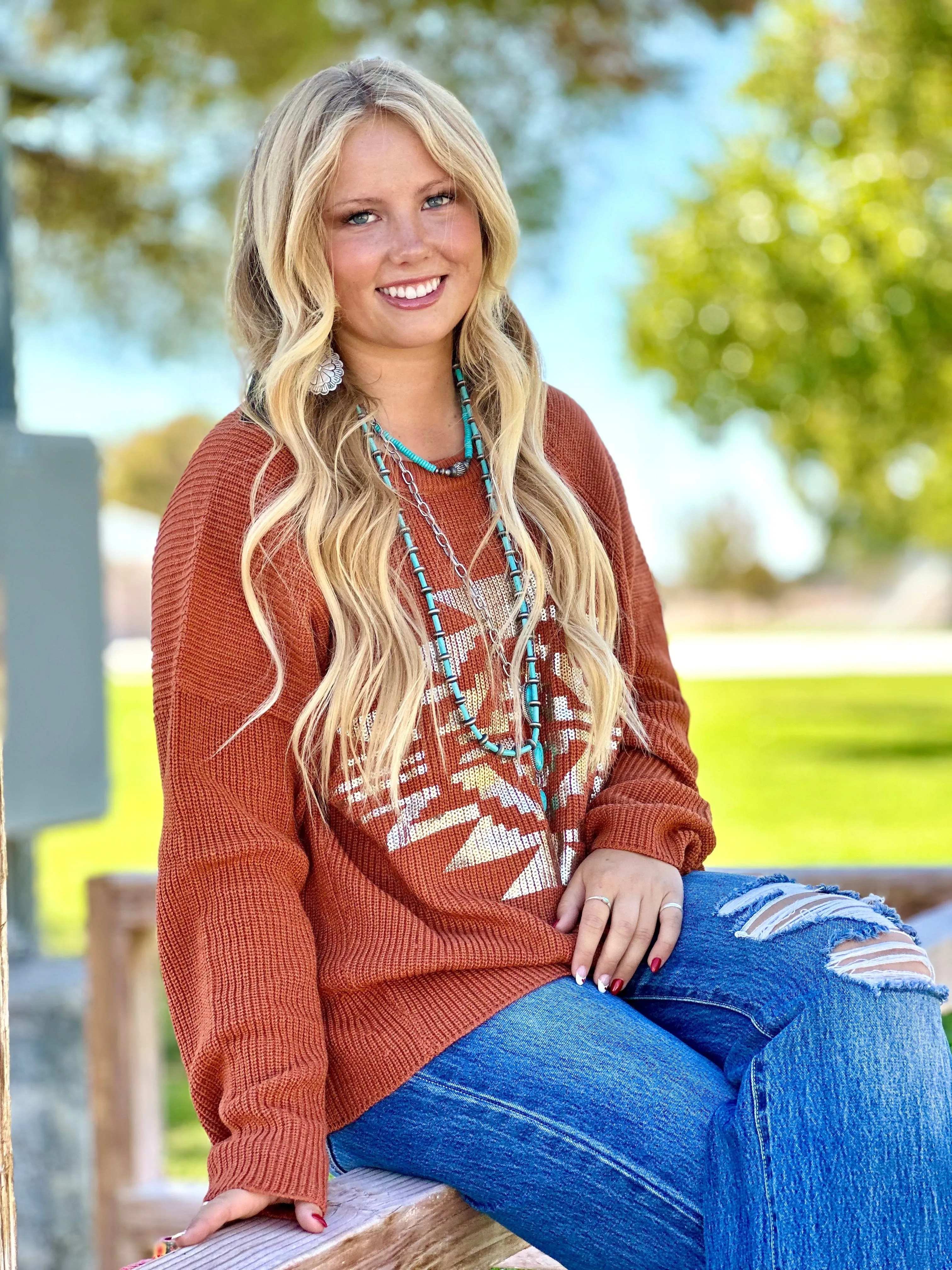 The Rust & Gold Metallic Aztec Santaquin Sweater