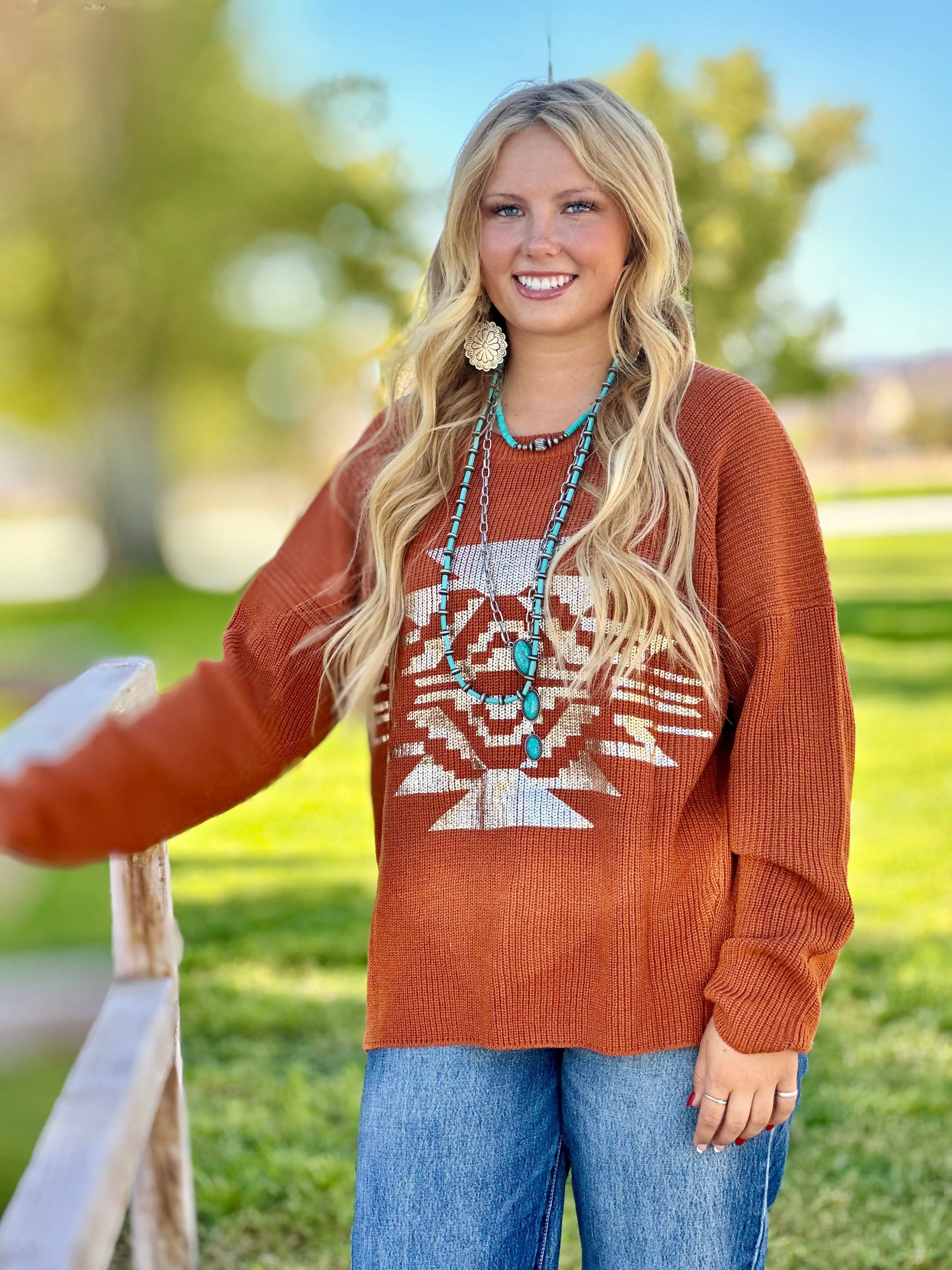 The Rust & Gold Metallic Aztec Santaquin Sweater