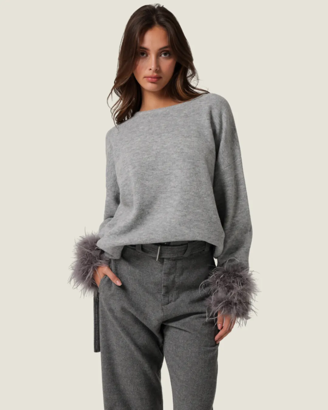 The Xandra: Grey Feathered Sweater Top