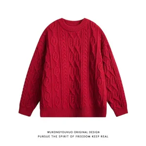 Twist design red round neck sweater men's autumn and winter loose couple wear bottoming sweater