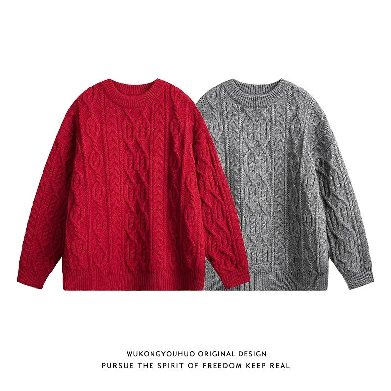 Twist design red round neck sweater men's autumn and winter loose couple wear bottoming sweater