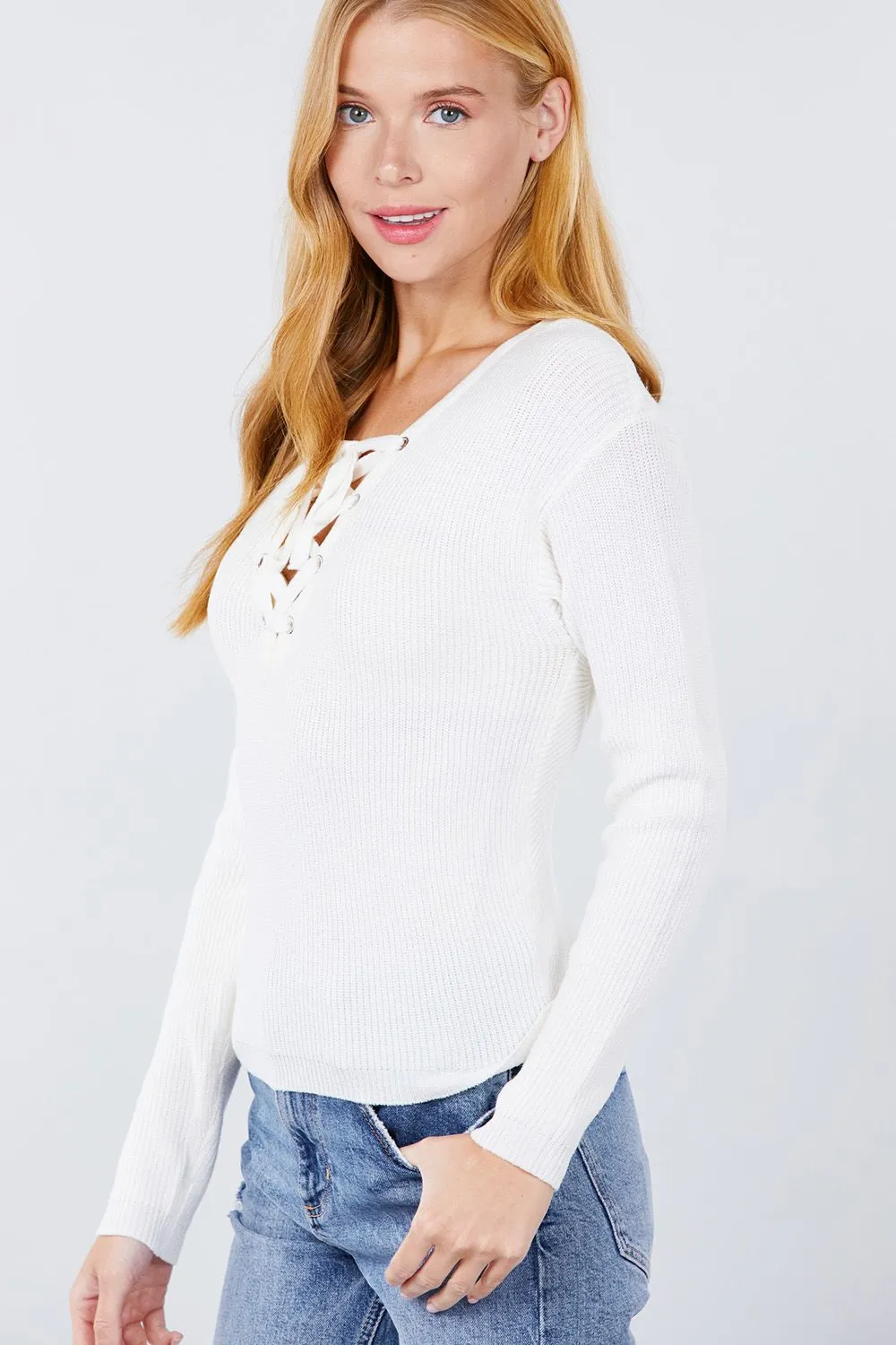 V-neck Eyelet Strap Back Sweater