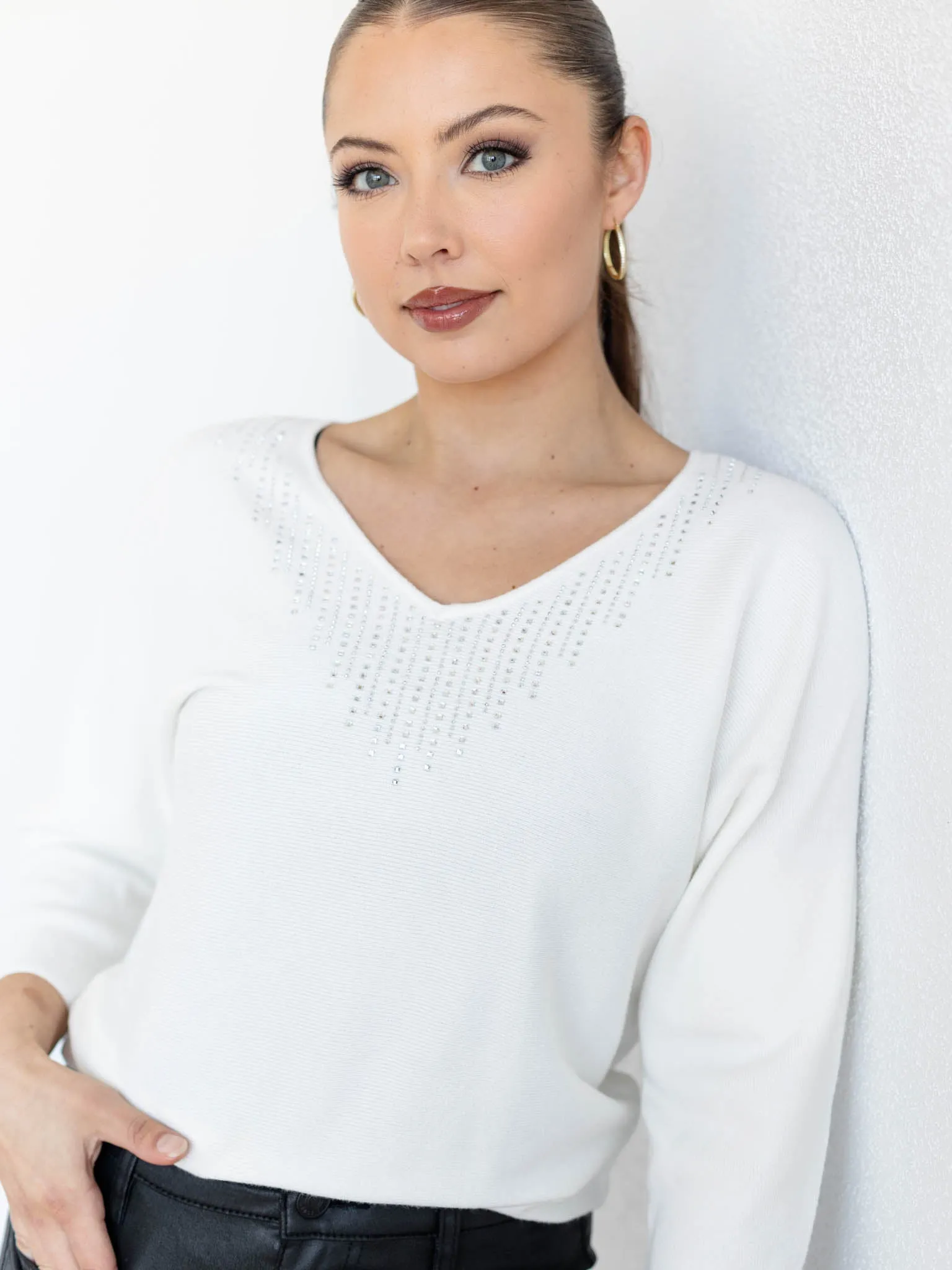 V-Neck Stone Detail Sweater