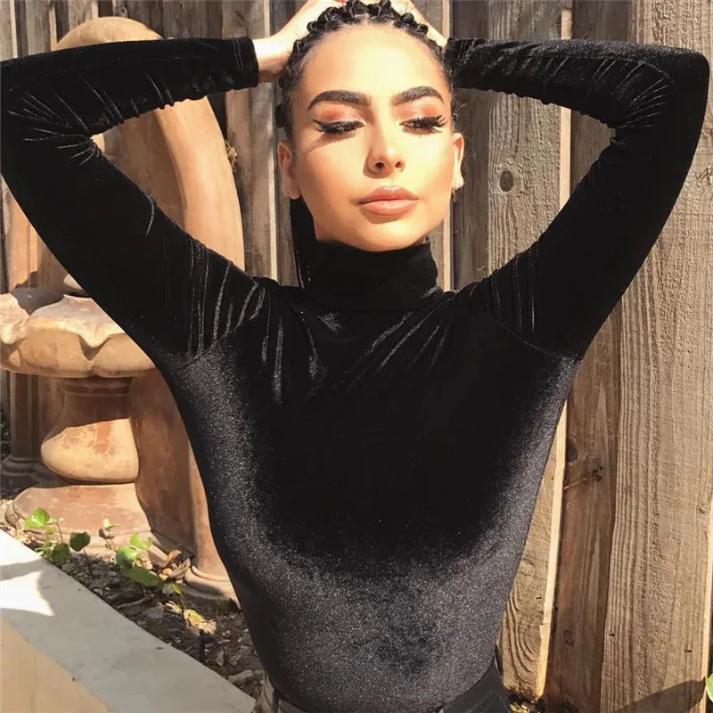 Velvet Long Sleeve Bodysuit Black Turtleneck