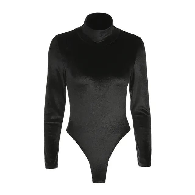 Velvet Long Sleeve Bodysuit Black Turtleneck