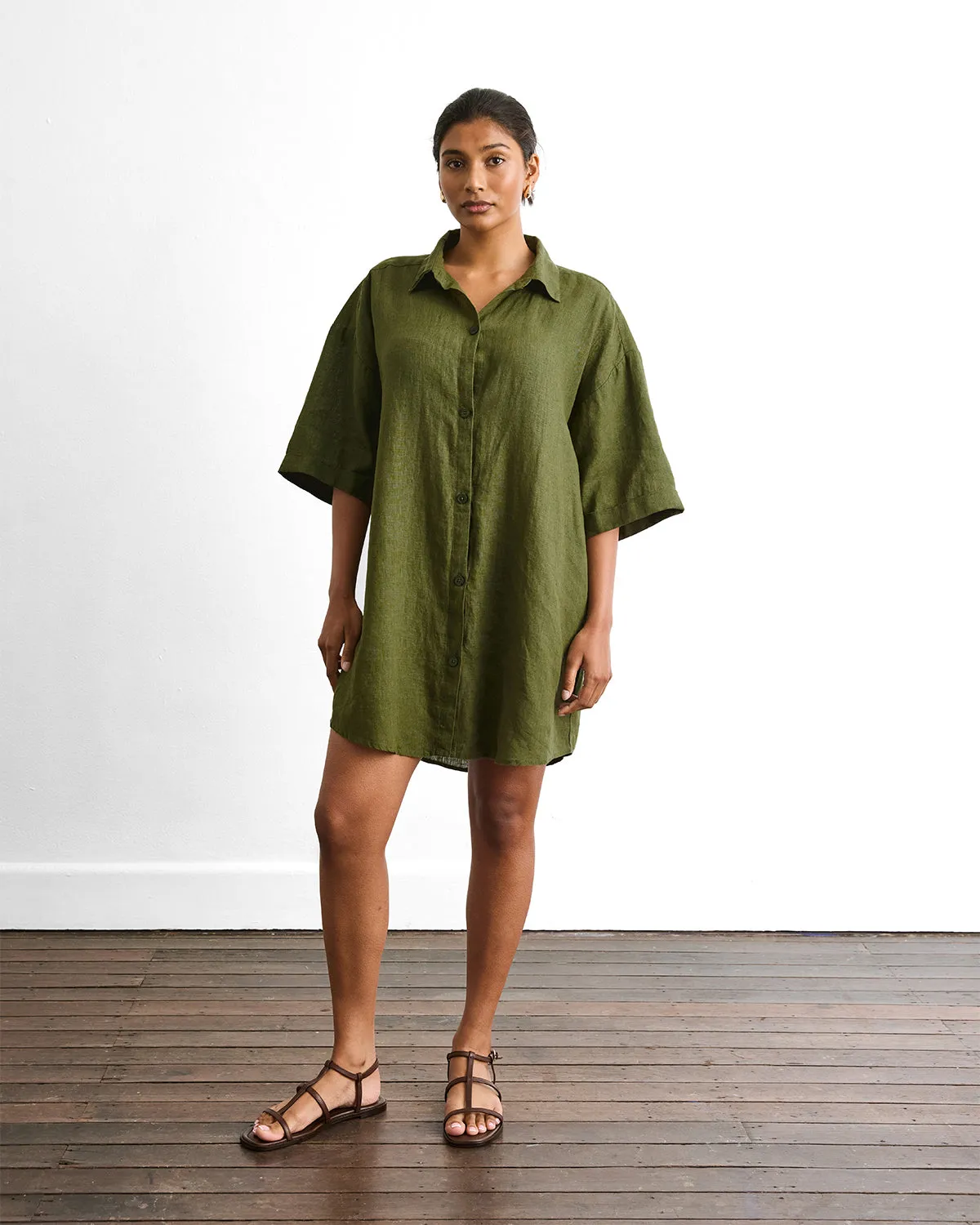 Villa Linen Shirt Dress in Olive