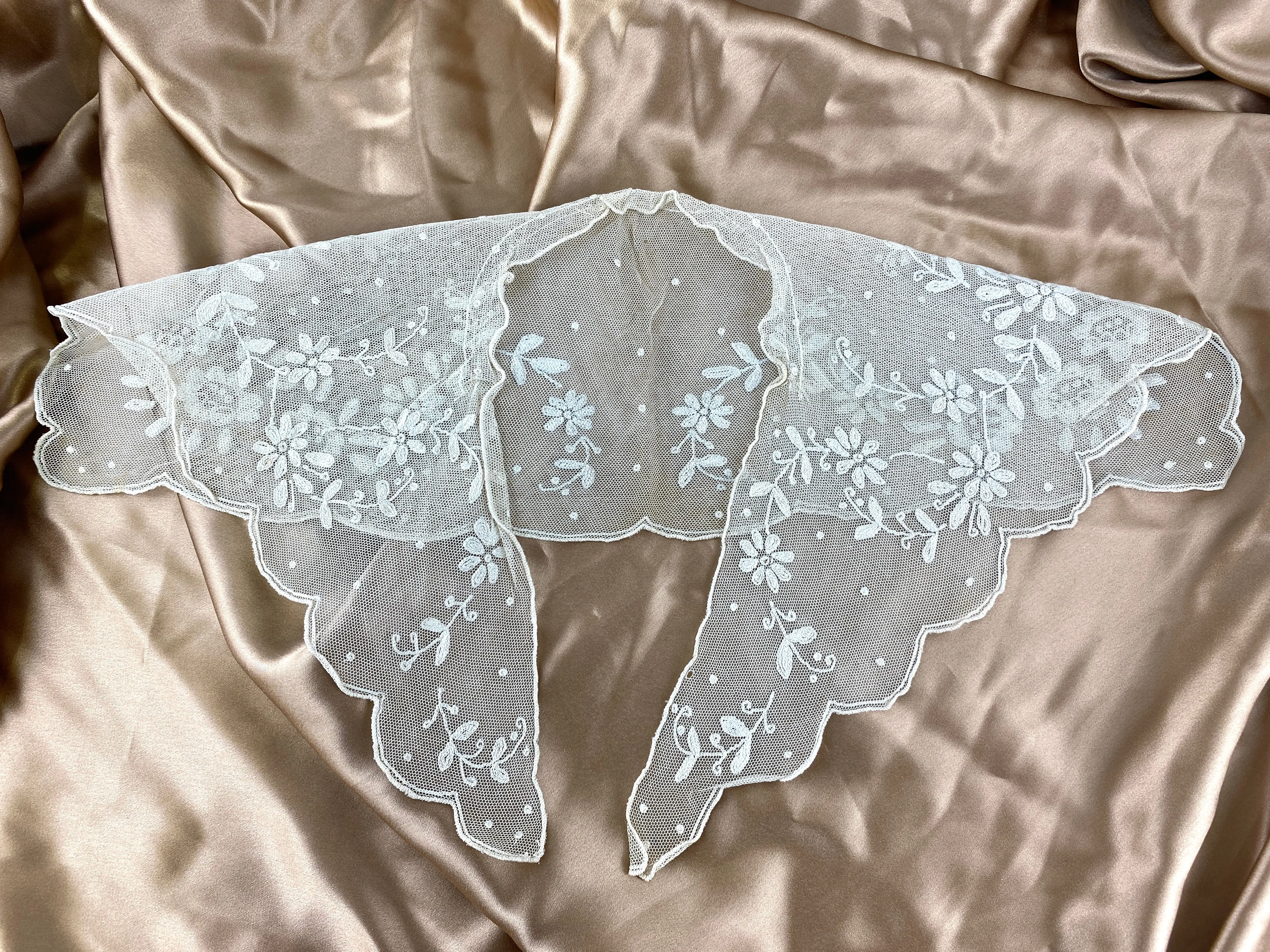 Vintage 1930s Cream Embroidered Tulle Collar