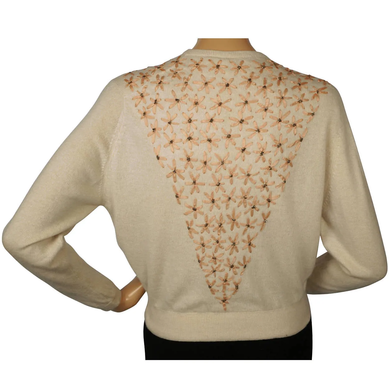 Vintage 1950s Ballantyne Cashmere Sweater Beaded Embroidered Cardigan Ladies M