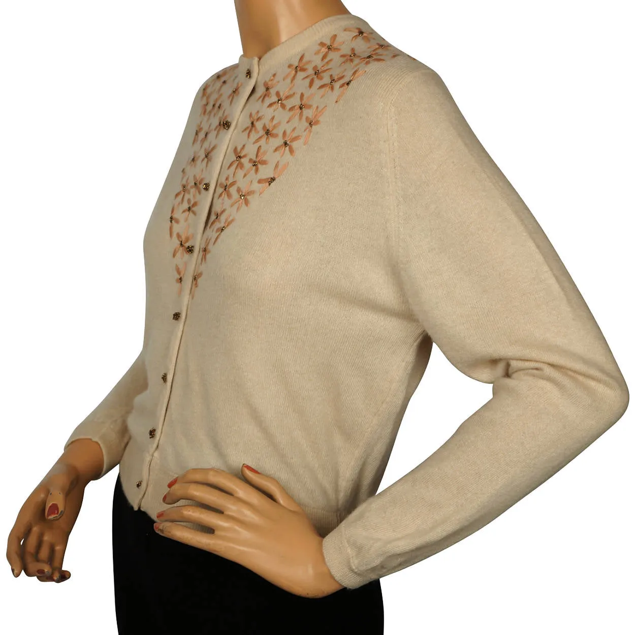 Vintage 1950s Ballantyne Cashmere Sweater Beaded Embroidered Cardigan Ladies M