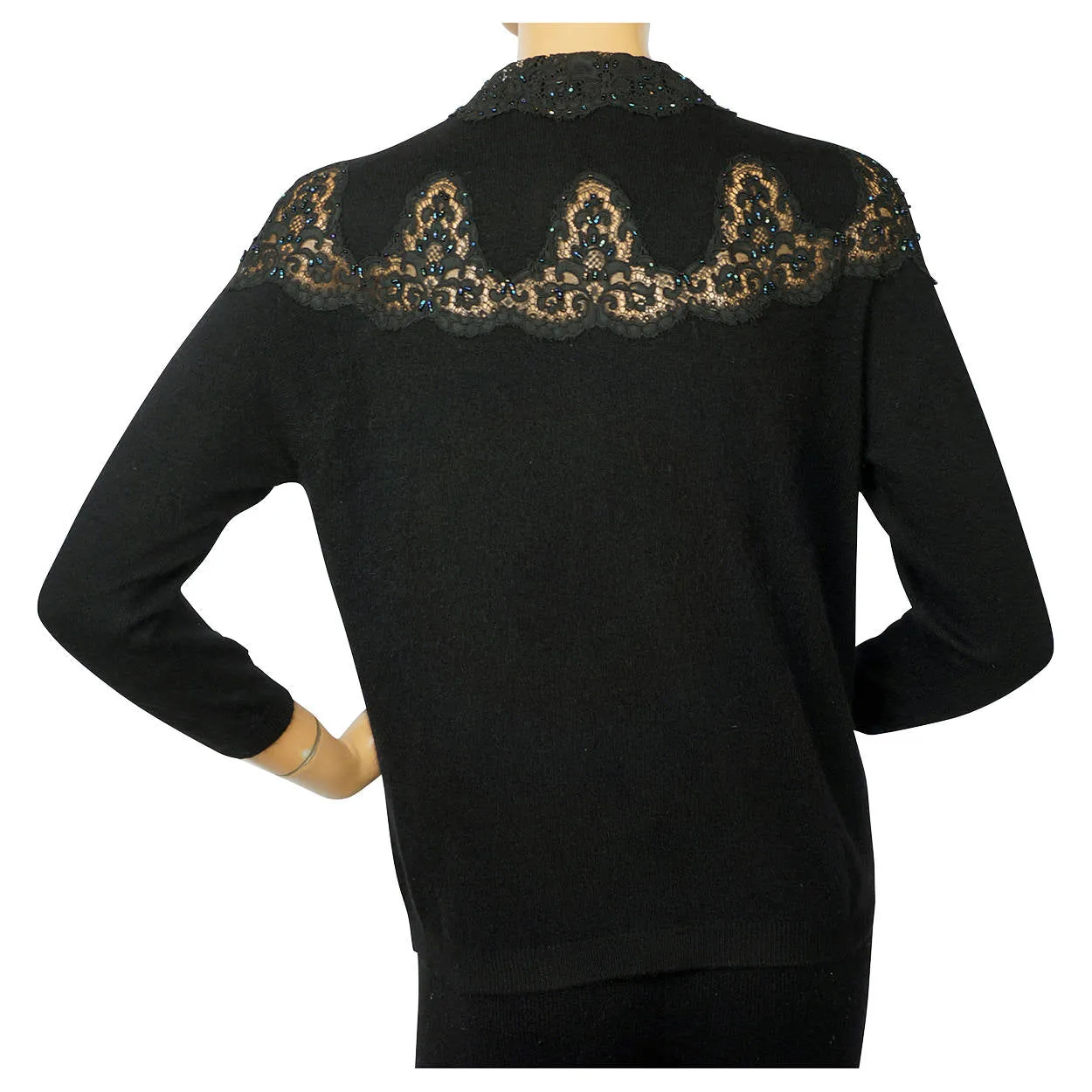 Vintage 1950s Ballantyne Scottish Cashmere Sweater Beaded Lace Insetting Size M