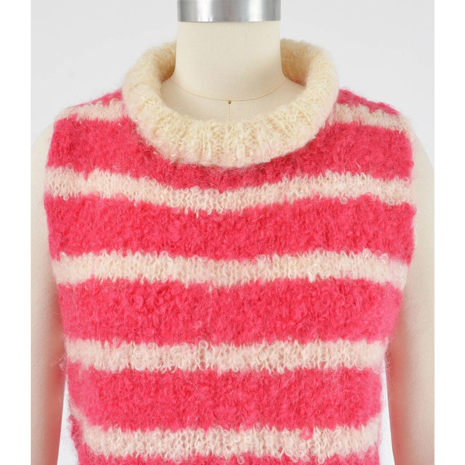 Vintage 60s Pink and Cream Striped Mohair Sweater Hand Knit Sleeveless Top size S M