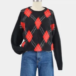 Vintage 90s Black and Red Argyle Sweater Plush Angora Lambswool Knit Pullover Preppy Academia Sweater size S M