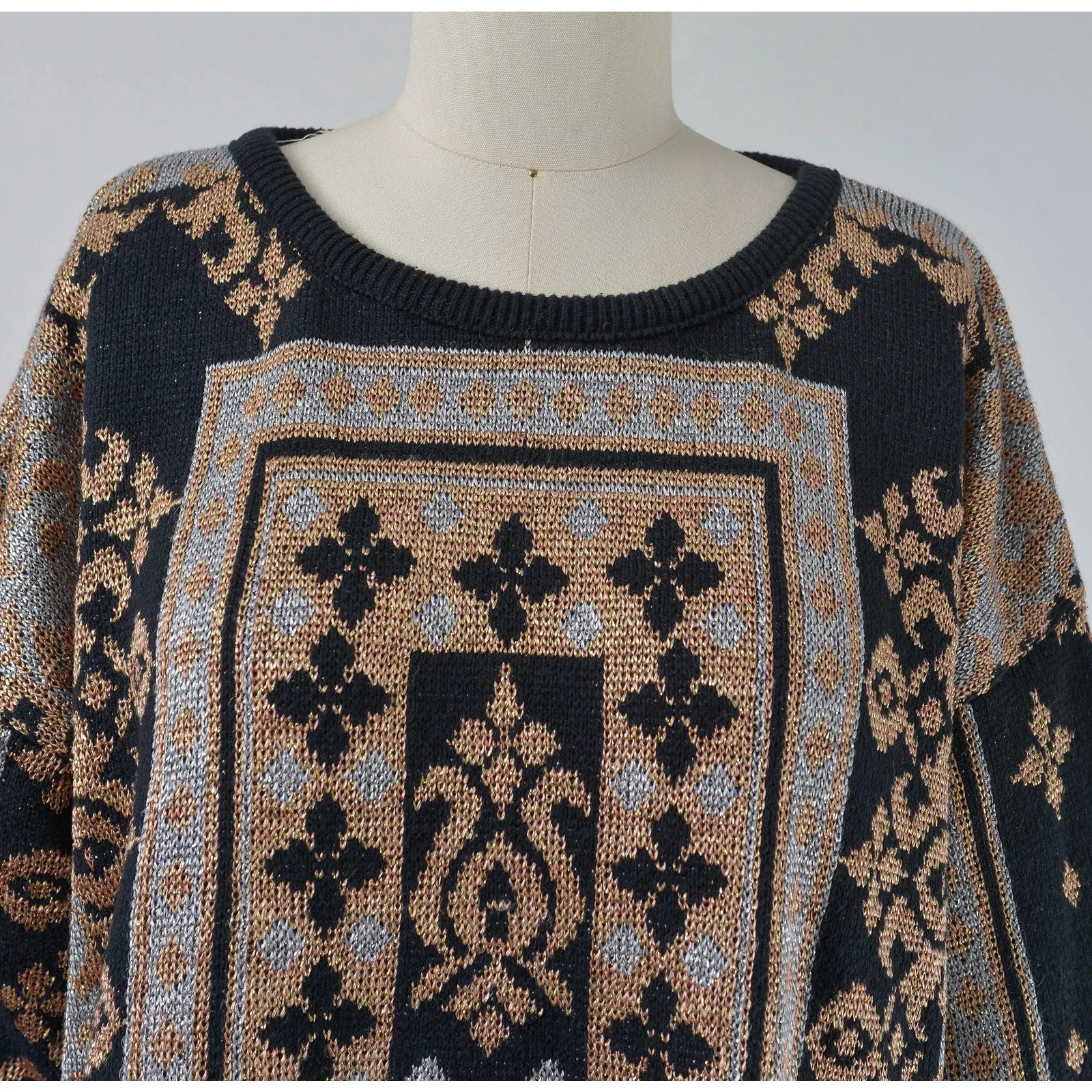 Vintage 90s Black Metallic Baroque Sweater Silver and Antique Gold size M L