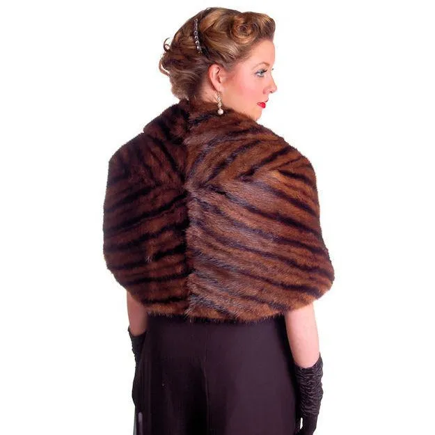 Vintage Stole Kolinsky Mink Fur Gorgeous Bamboo Print Turquoise Lining 1940s