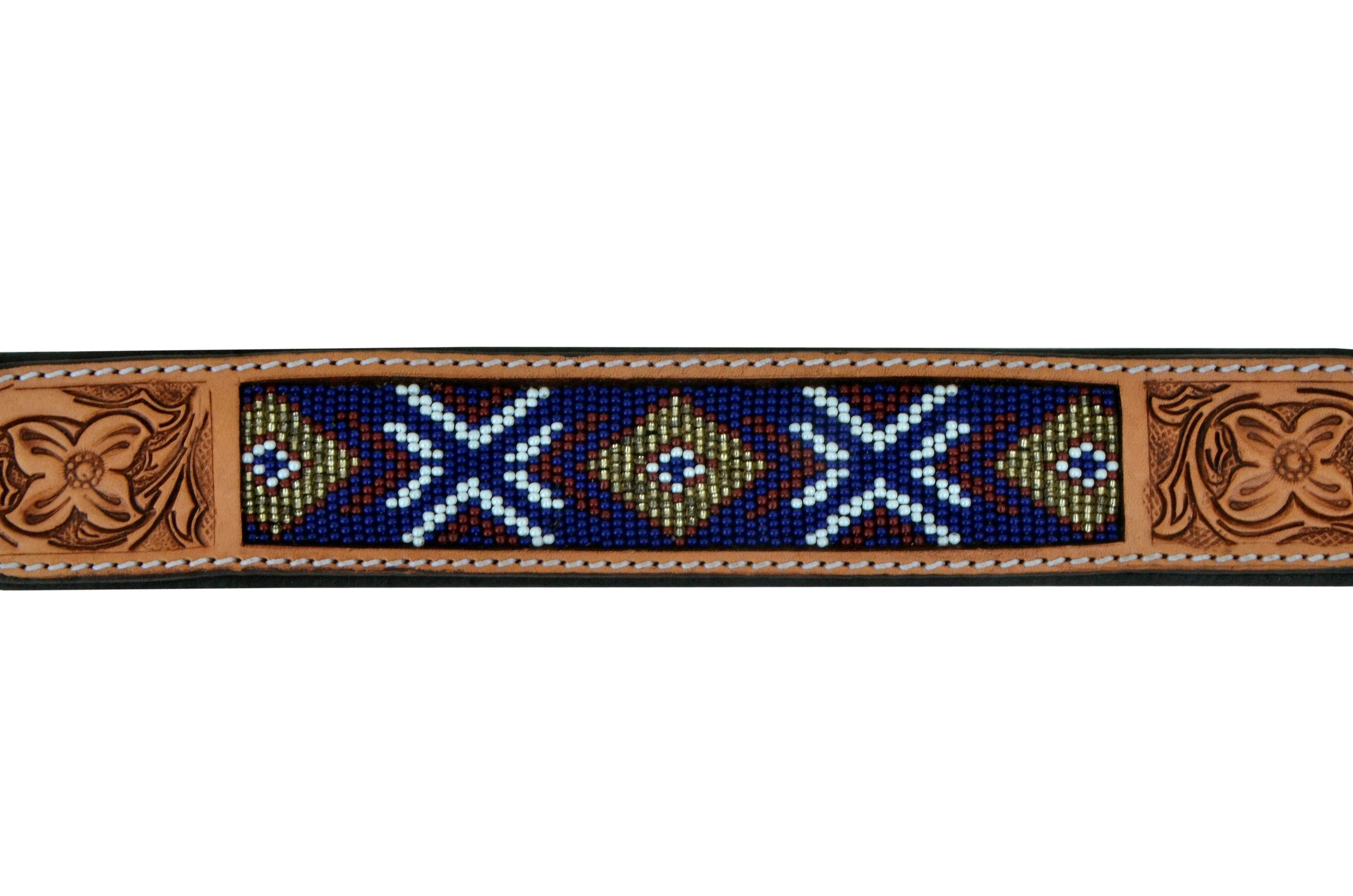 Western Style Beaded and Tooled Leather Dog Collar With Padded Soft Lining 10AB014