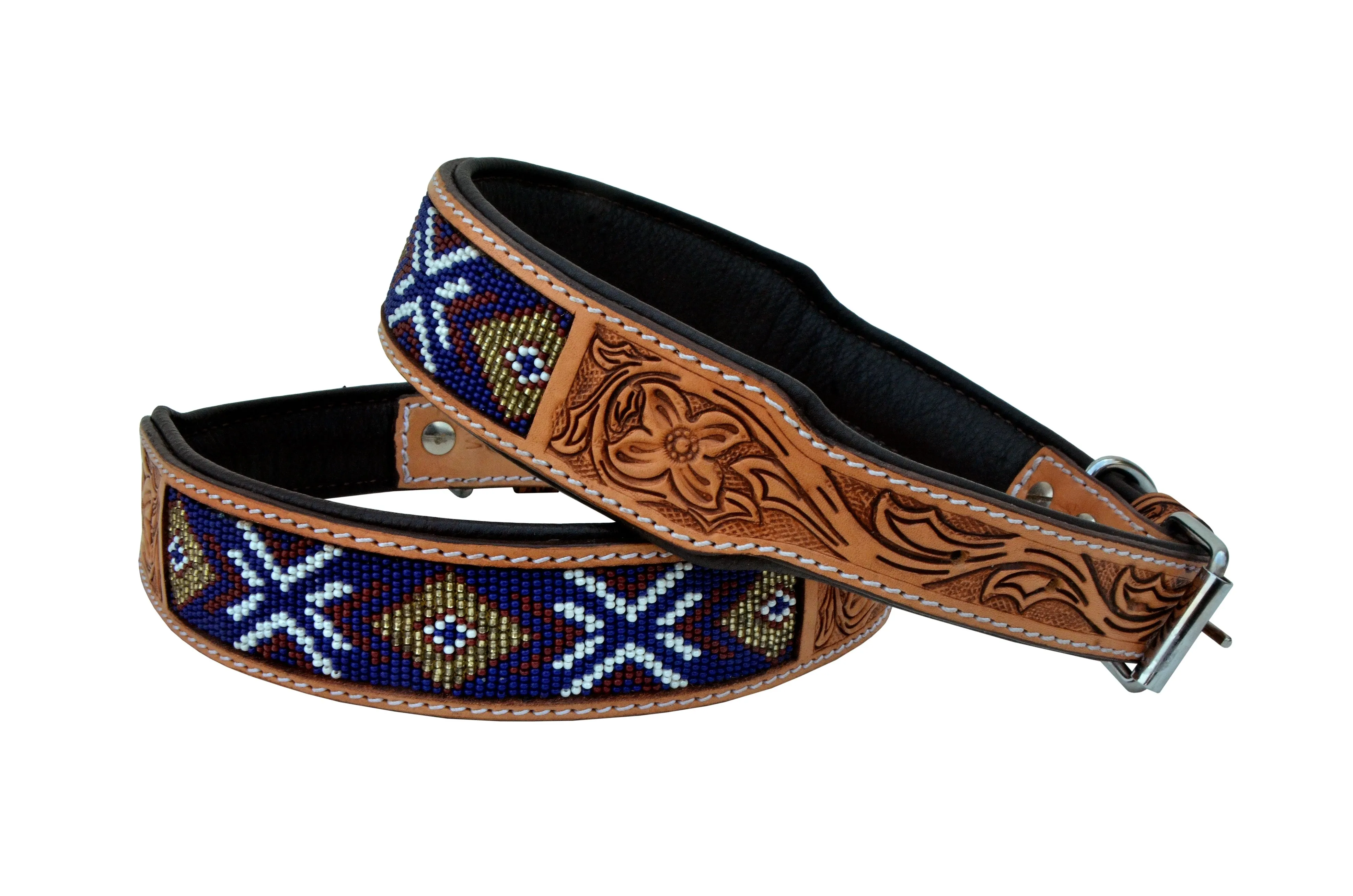 Western Style Beaded and Tooled Leather Dog Collar With Padded Soft Lining 10AB014