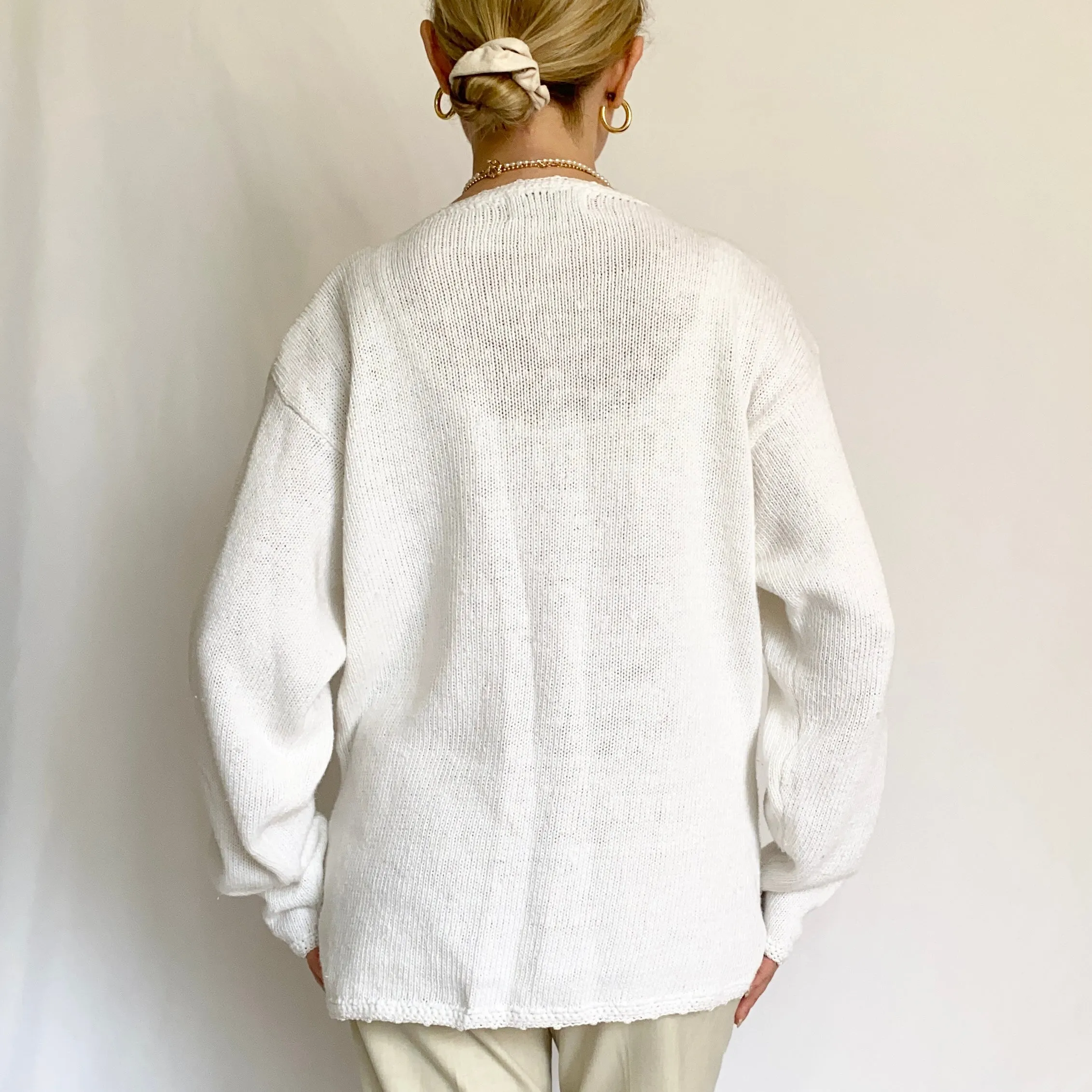 White 80s Cotton Blend Button Up Pearl Cardigan Sweater (M)