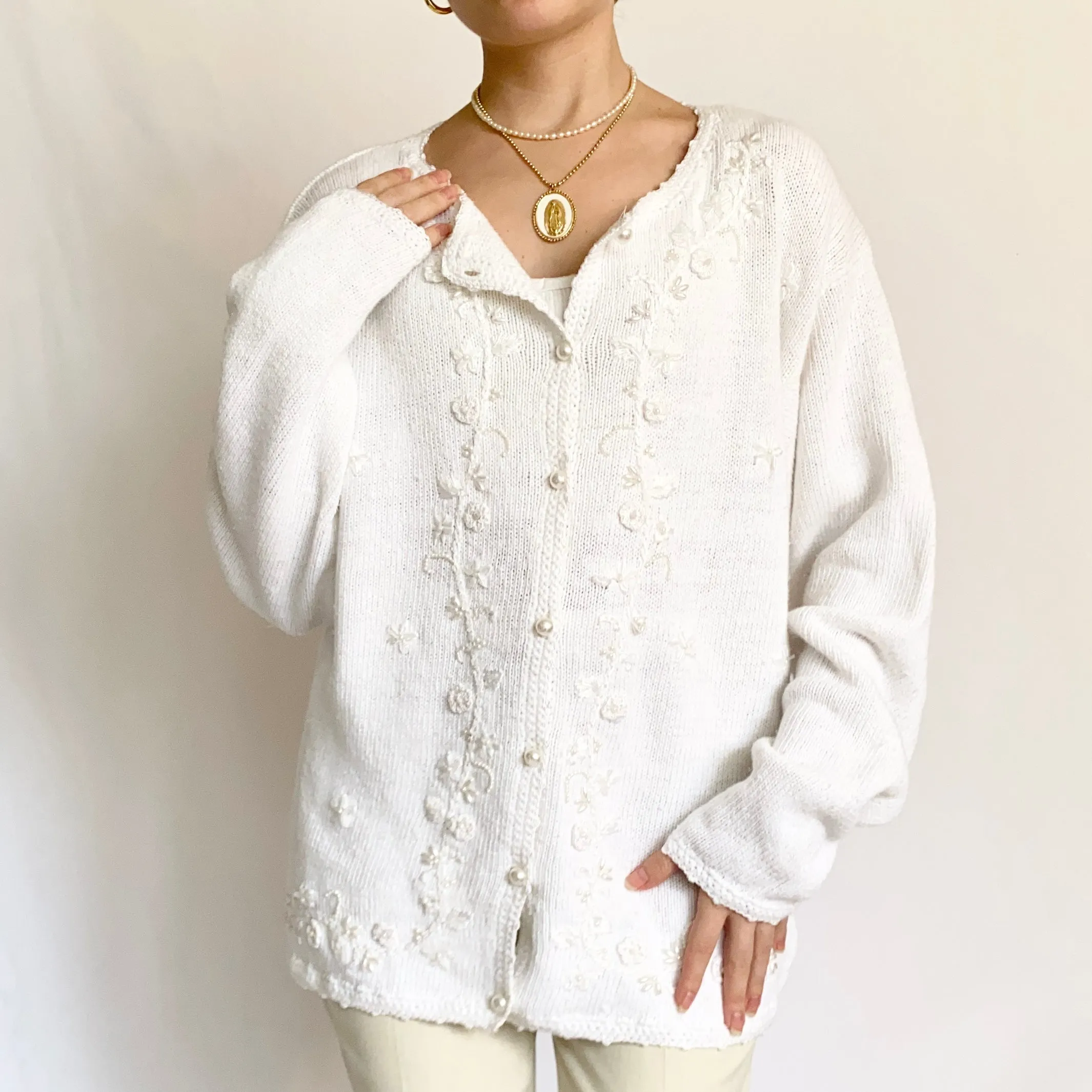 White 80s Cotton Blend Button Up Pearl Cardigan Sweater (M)