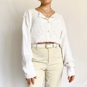 White 80s Cotton Blend Button Up Pearl Cardigan Sweater (M)