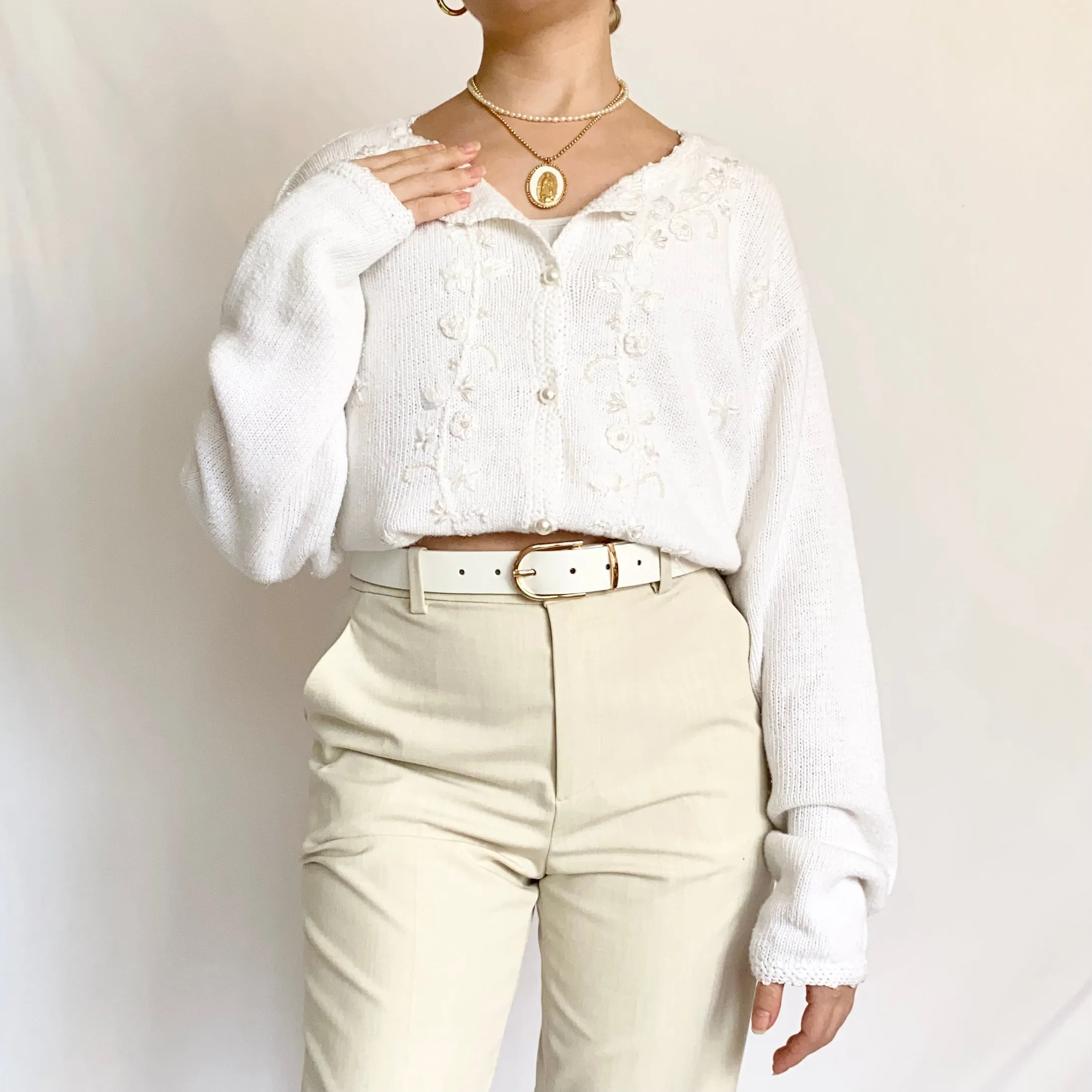 White 80s Cotton Blend Button Up Pearl Cardigan Sweater (M)