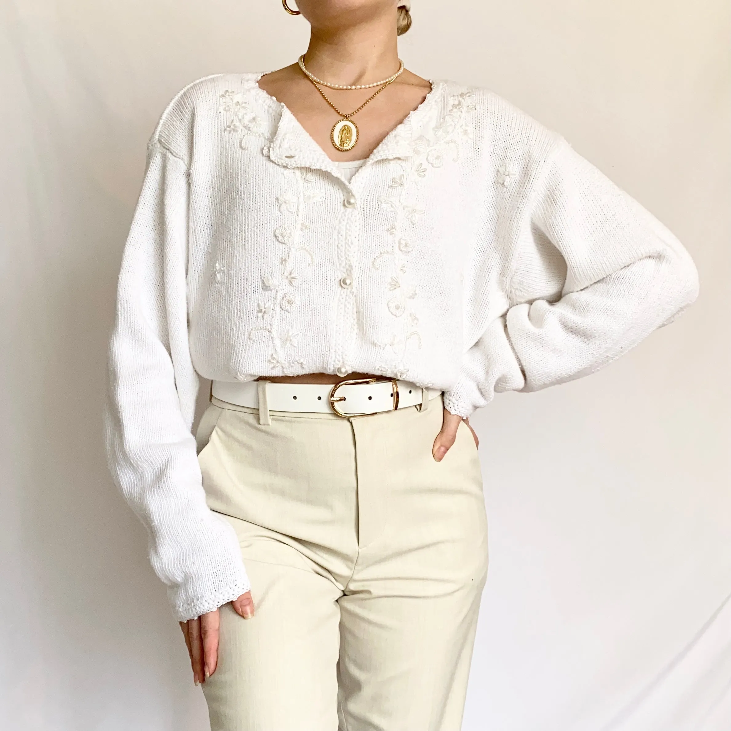 White 80s Cotton Blend Button Up Pearl Cardigan Sweater (M)