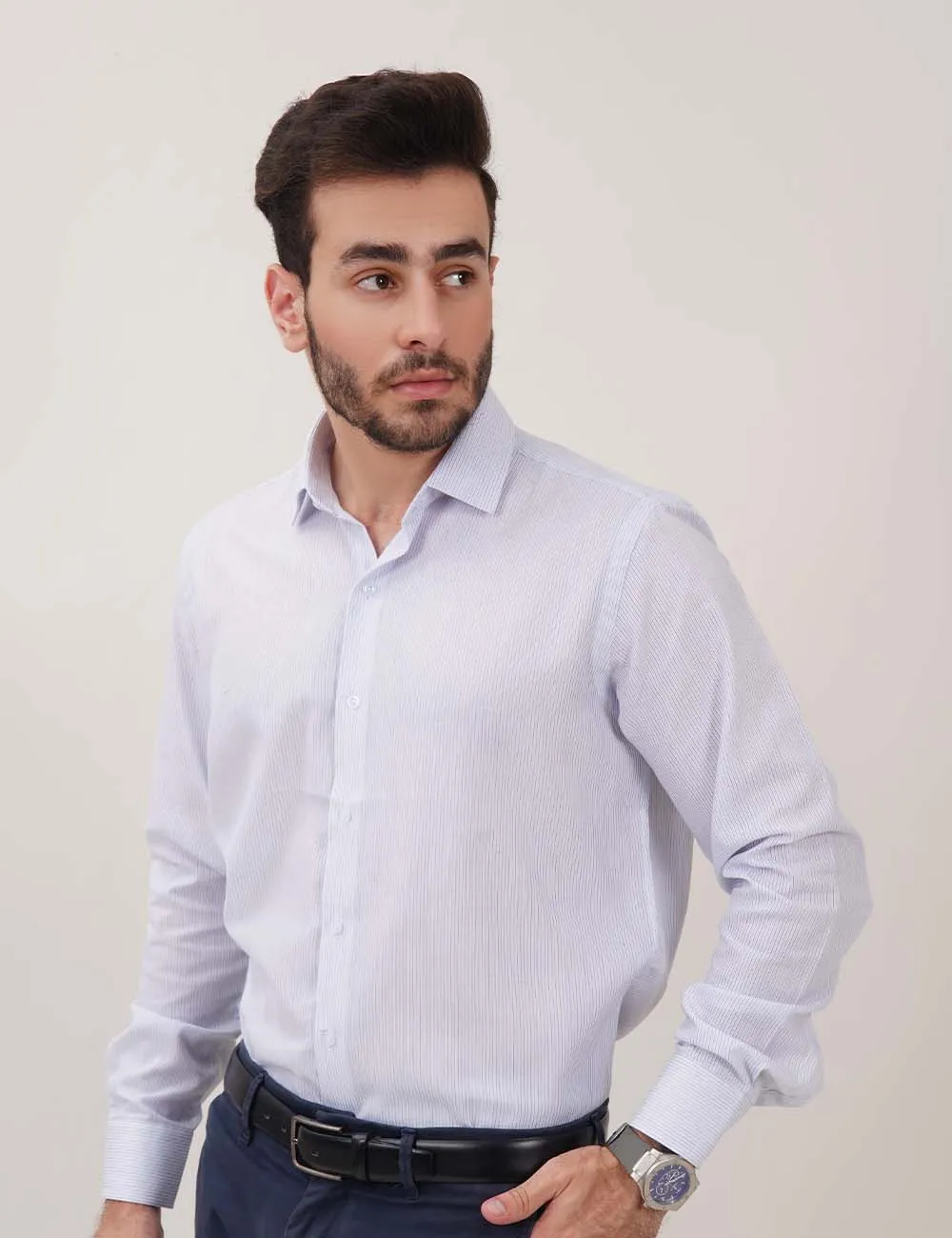 White & Blue Striped Dress Shirt for Men