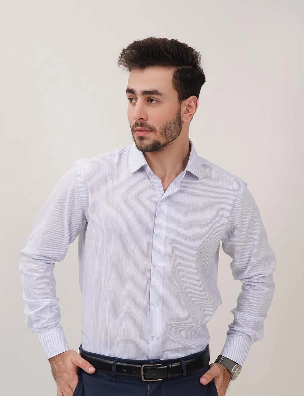 White & Blue Striped Dress Shirt for Men