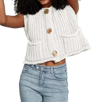 White Sleeveless Crochet Cardigan Vest Button Down