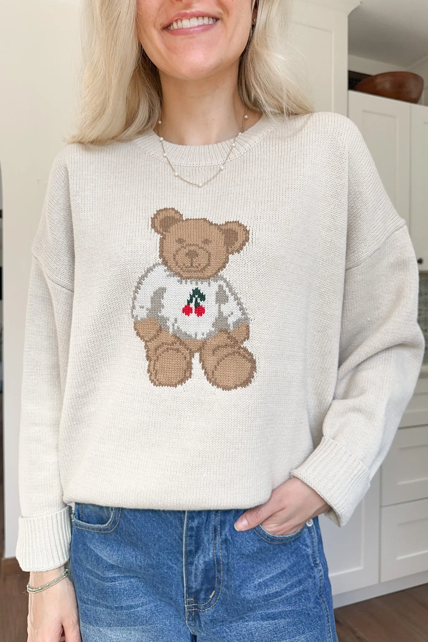 Winnie Crew Neck Teddy Bear Sweater in Cream